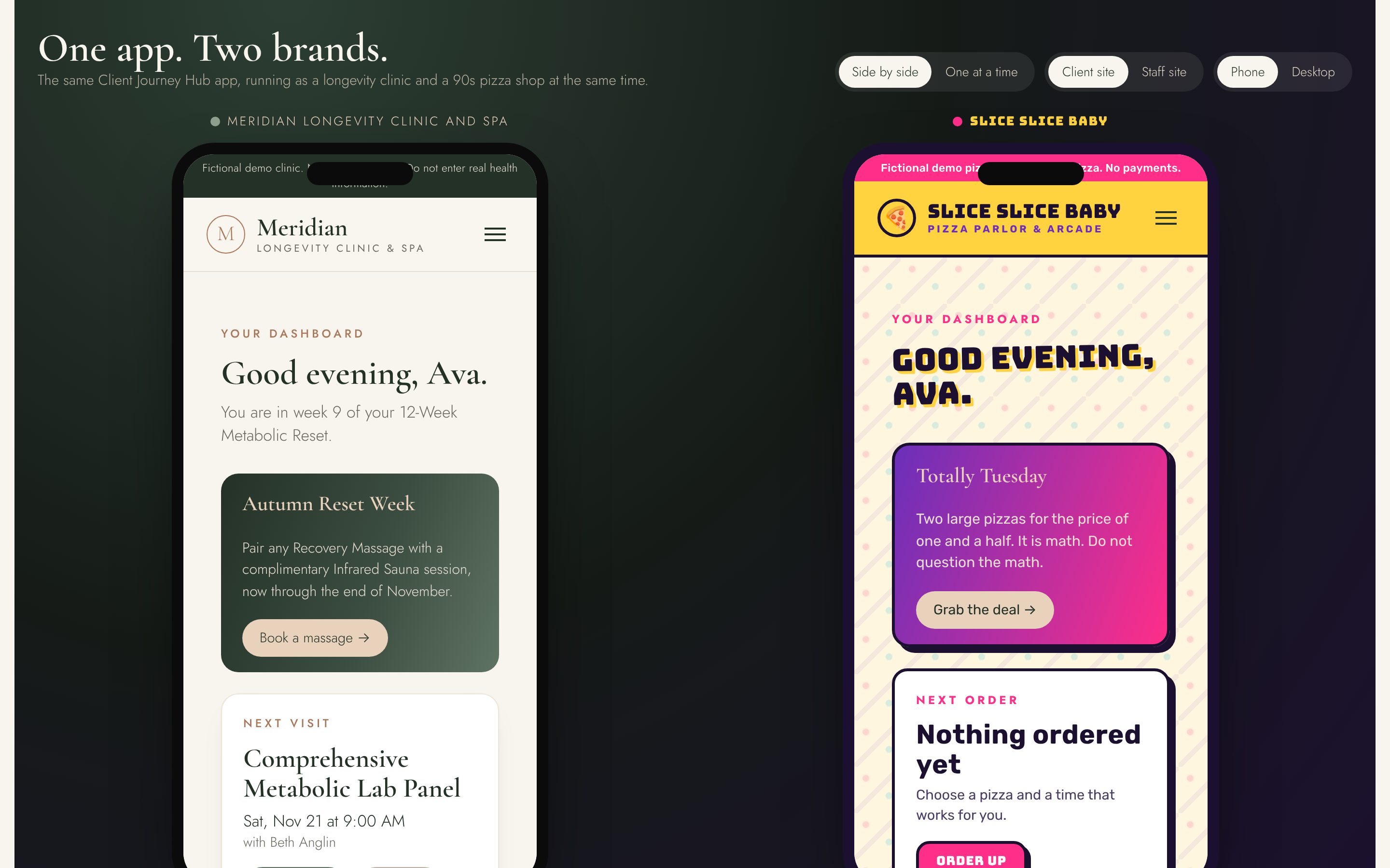 The client site shown as a longevity clinic and as a pizza shop, side by side.